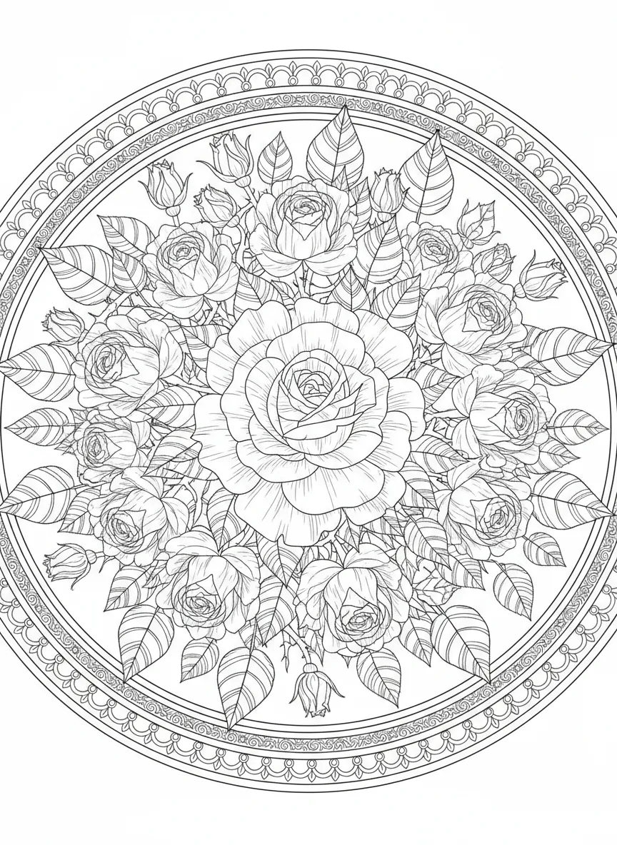 Mandala Bouquet de Roses - Coloriage mandala à imprimer gratuitement